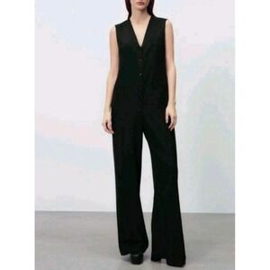 Zara Sleeveless‎ Tailored Wide Leg Jumpsuit M • Black V-Neck Button Front